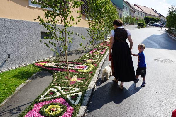 Fronleichnahm   Blumenteppiche in Eibiswald entlang der Strasse